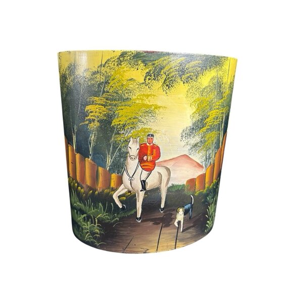 Equestrian Fox Hunt Hand Painted Wood Waste Basket Trash Can Bed Office 12.5" - Picture 7 of 12